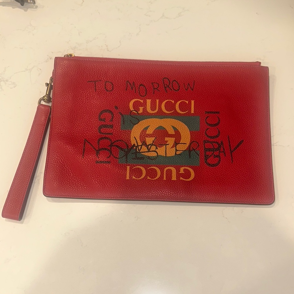 Gucci Red Pebbled Calfskin Leather Clutch / Pouch with GG Logo & gold hardware
